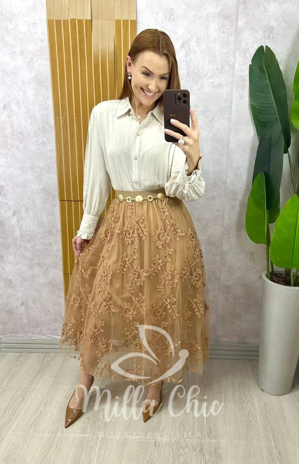 Saia Celina Em Tule Bordado – Bege