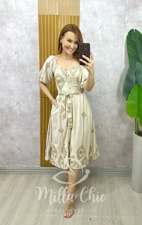 Vestido Zara Bordado – Areia