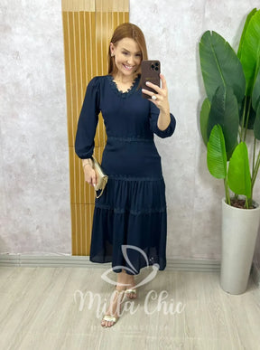 Vestido Fabiane Em Chiffon – Azul Marinho