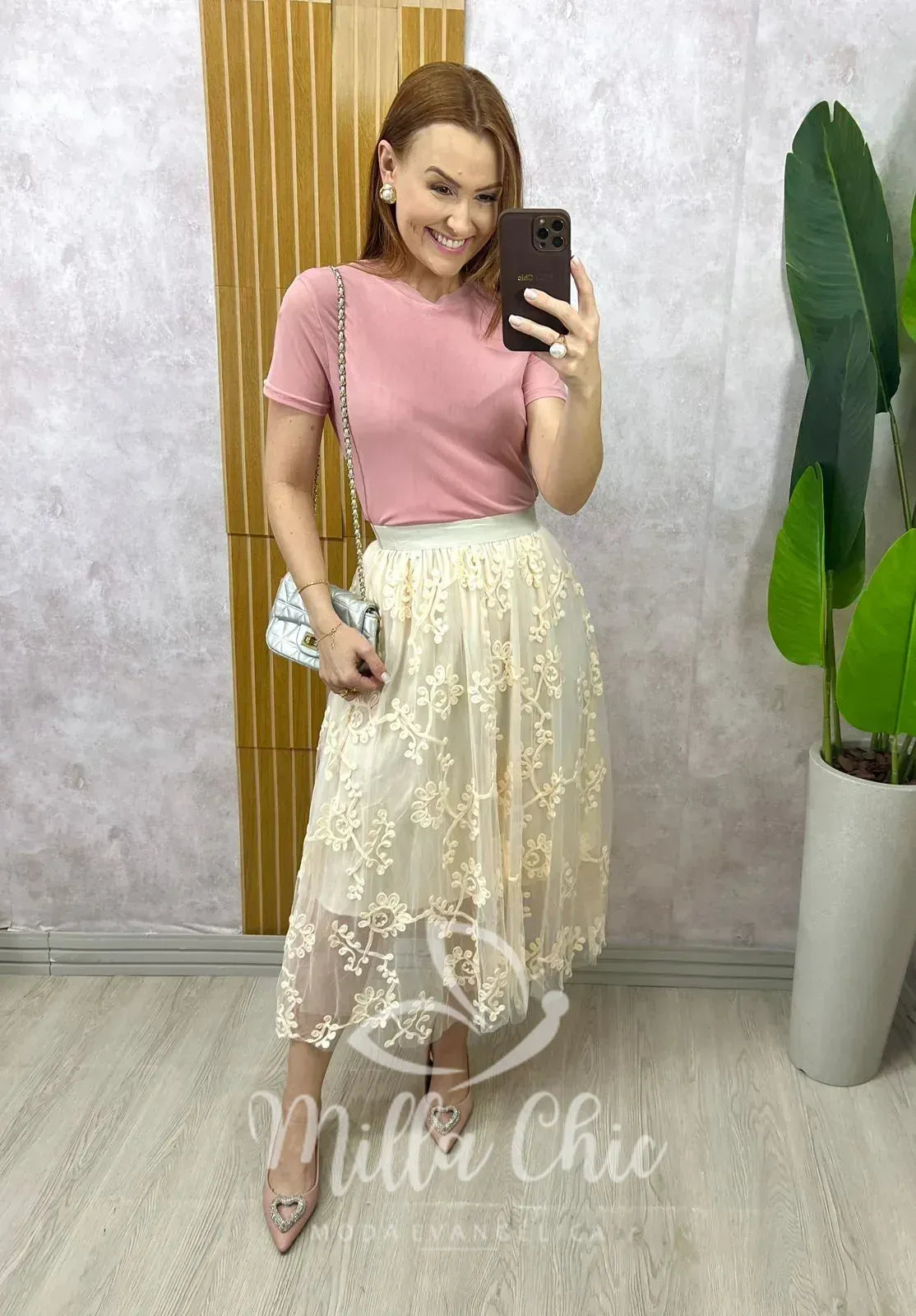 Saia Celina Em Tule Bordado – Creme