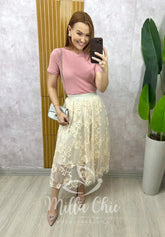 Saia Celina Em Tule Bordado – Creme