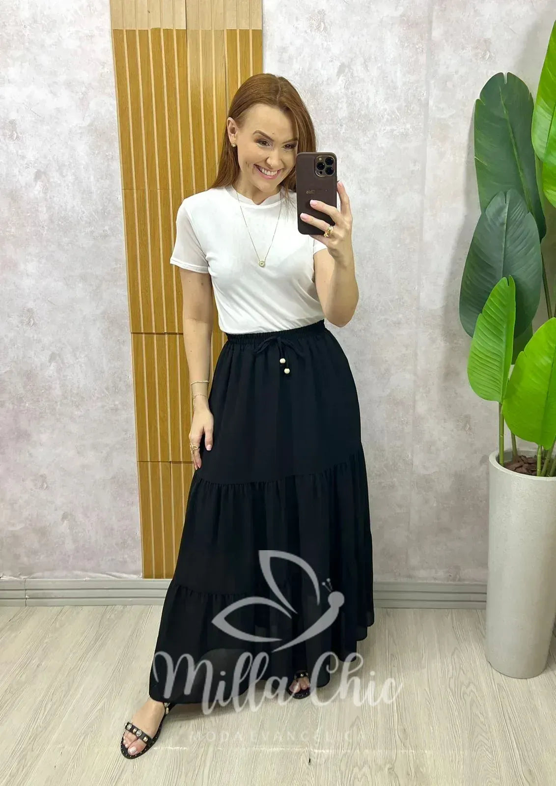 Saia Longa Amélia em chiffon – Preta
