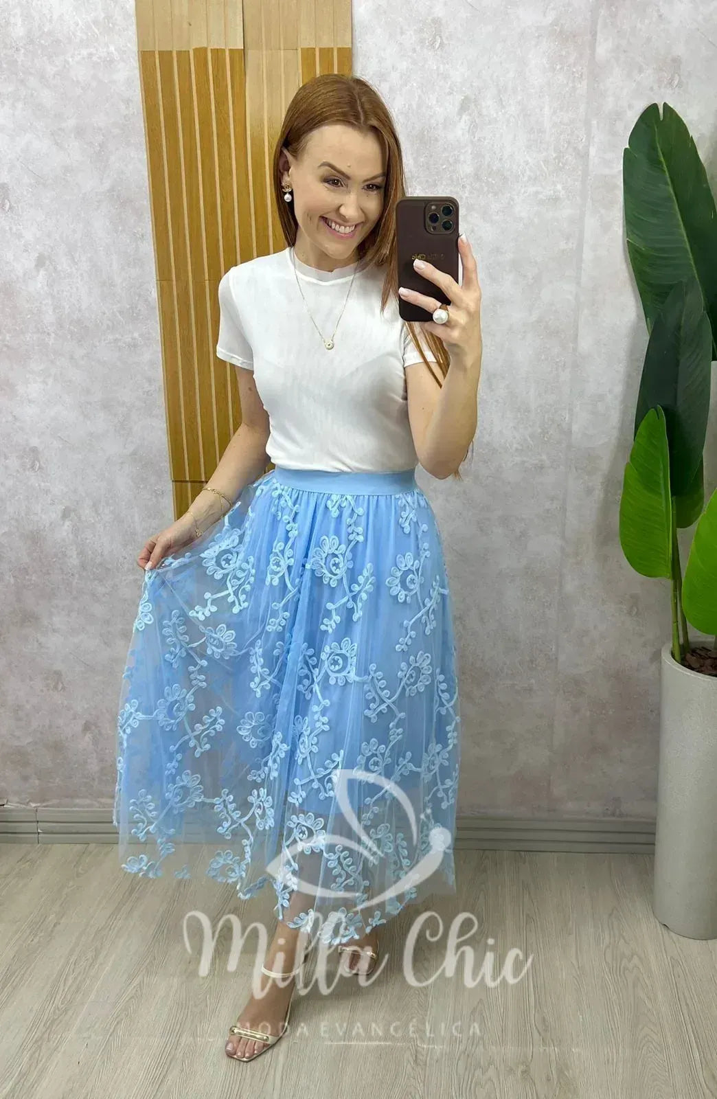 Saia Celina Em Tule Bordado – Azul