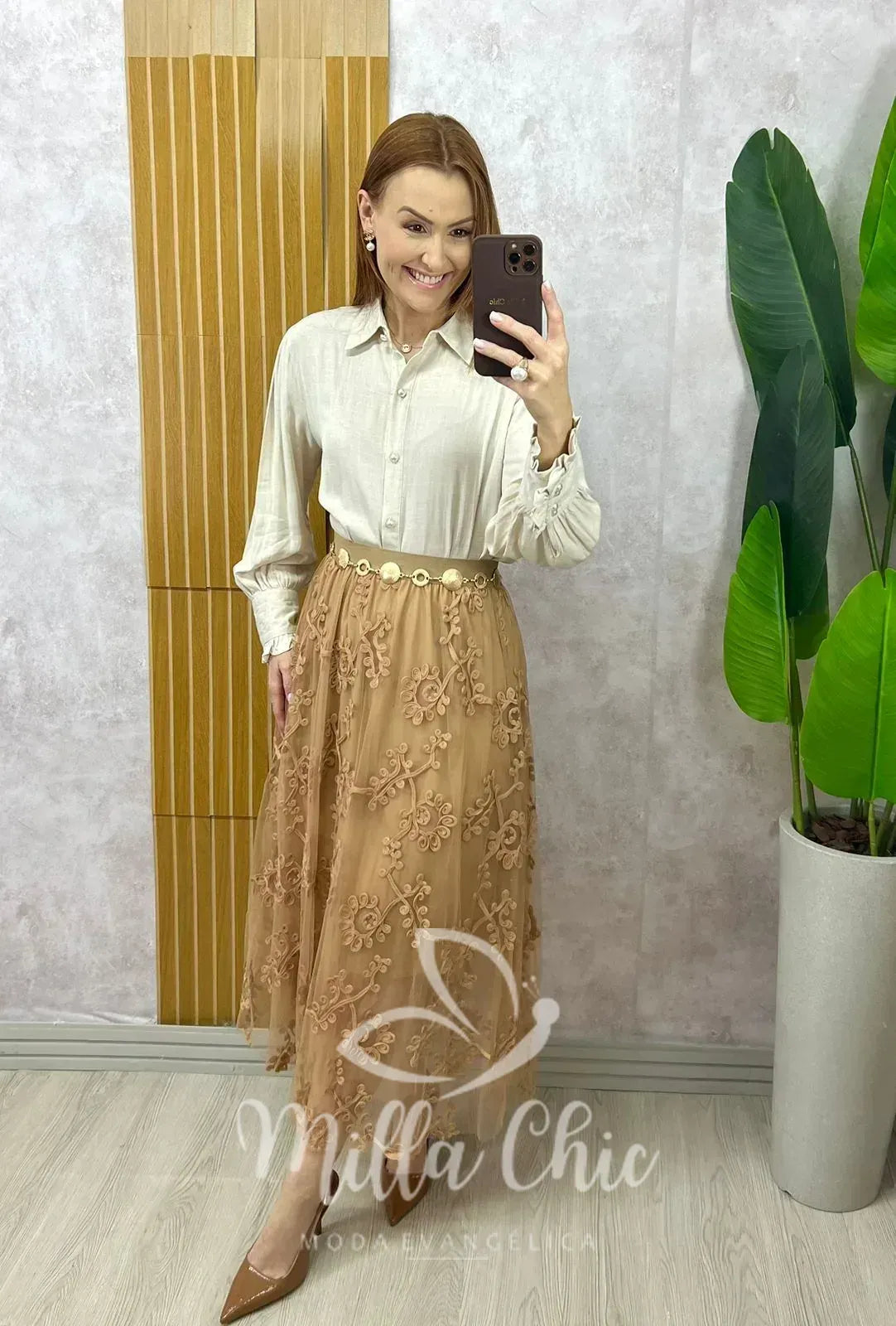 Saia Celina Em Tule Bordado – Bege