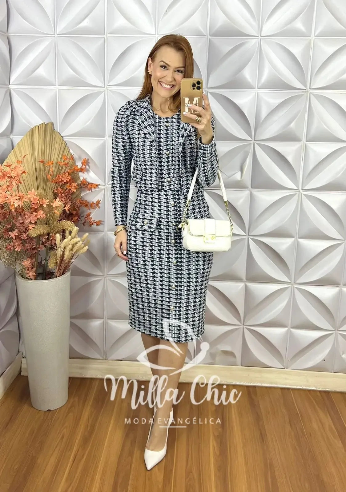 Vestido Tina Com Casaco Em Tweed – Preto e Branco