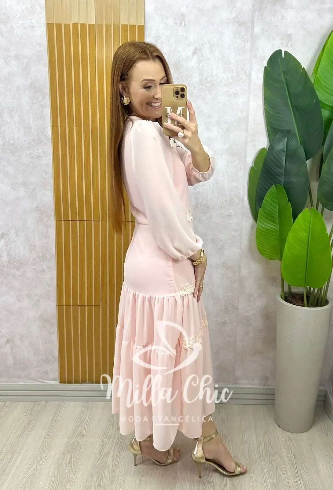 Vestido Fabiane em chiffon – Rosa delicate