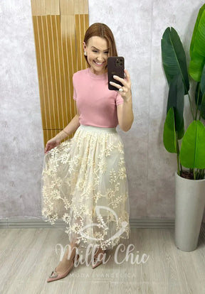 Saia Celina Em Tule Bordado – Creme