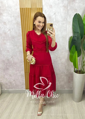 Vestido Fabiane em chiffon – Cereja