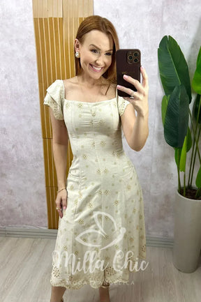 Vestido Eliara Em Linho Bordado – Areia